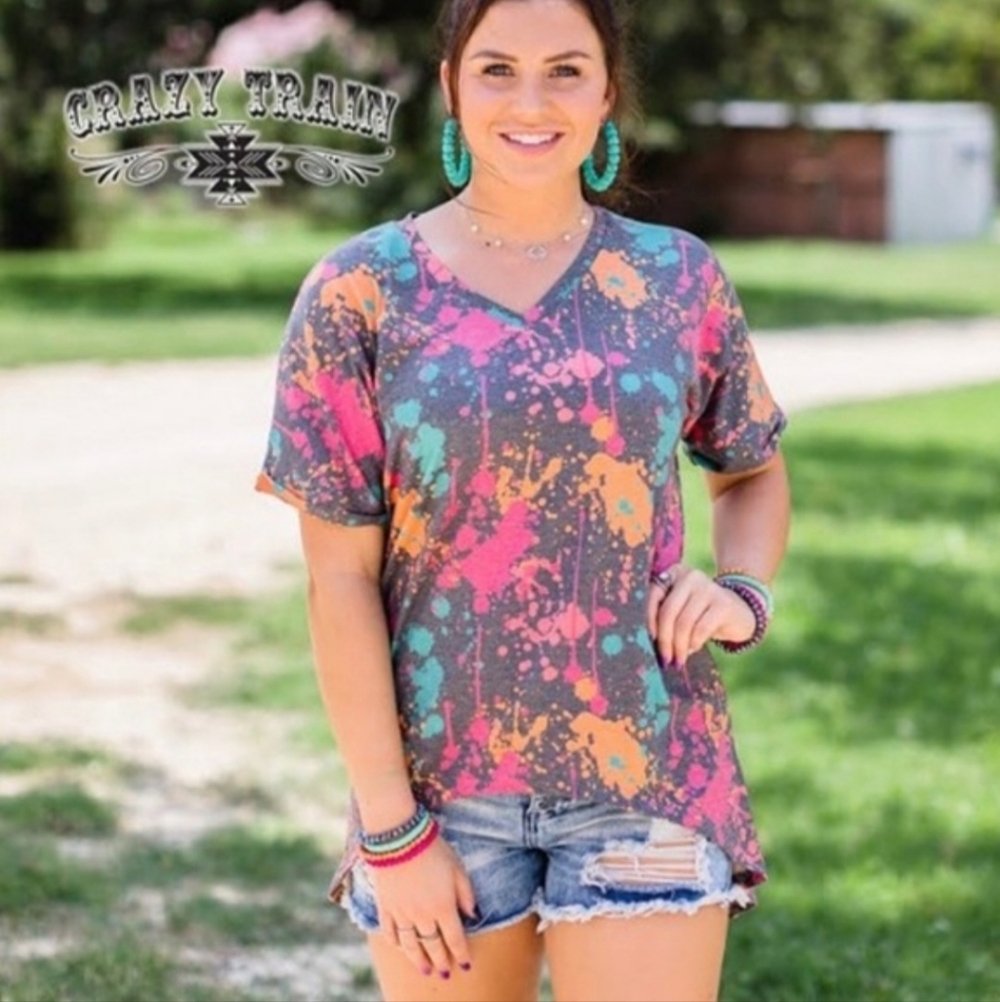 Crazy Train Colorful Splatter V-Neck Women's Tee size Medium high‎ low
